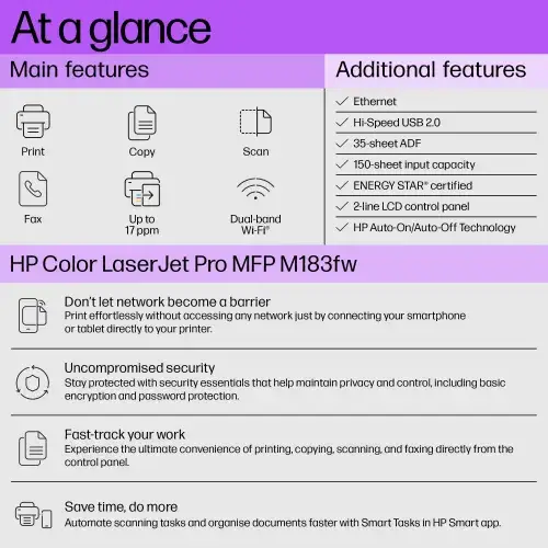 HP Color LaserJet Pro MFP M183fw Multifunction Color Laser Printer
