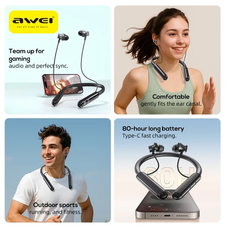 AWEI G81BL Earphones Hanging Neck In-ear Bluetooth 5.0 Headset Wireless HiFi Stereo Sports Neckband Magnetic Waterproof